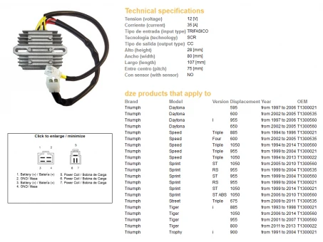 DZE REGULATOR NAPIĘCIA TRIUMPH DAYTONA/SPEED/SPRINT/TIGER 955-1050 01-14 (T1300560, T1300535) (ESR535) | 2493-01