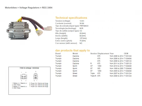 DZE REGULATOR NAPIĘCIA TRIUMPH DAYTONA 675 06-14, SPRINT 995/1050 99-14, STREET TRIPLE 675 07-14 (T1301234, T1304040, T1305123) (ESR536) | 2494-01