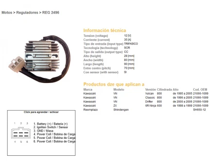 DZE REGULATOR NAPIĘCIA KAWASAKI VN800 95-05, CLASSIC 96-05, DRIFTER 00-06, ZX6R 98-99 (35A) (ESR263) (OEM:21066-1099) (SH650-12) | 2496-01