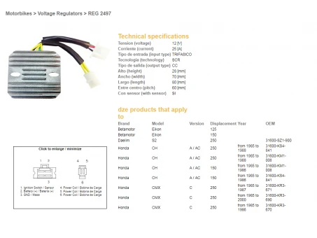 DZE REGULATOR NAPIĘCIA HONDA CMX250 REBEL 85-00, CN250 87-01, KYMCO 125/200/250 (ESR334) (KAM-009-31600) | 2497-01