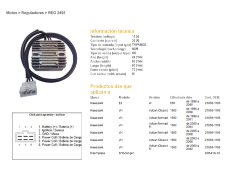 DZE REGULATOR NAPIĘCIA KAWASAKI VN1600 CLASSIC 03-08, VN1500 CLASSIC 96-08 (21066-1106) (ESR264) (SH541G-12) | 2498-01