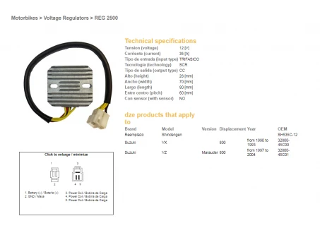 DZE REGULATOR NAPIĘCIA SUZUKI VZ800 97-04, VX800 90-93 (SH535C-12) (32800-45C00, 32800-45C01) (ESR560) | 2500-01