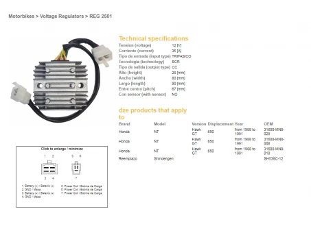 DZE REGULATOR NAPIĘCIA HONDA NTV650 88-91 12V 35A (SH538C-12) (31600-MN8-008) (31600-MN8-028) (ESR252) | 2501-01