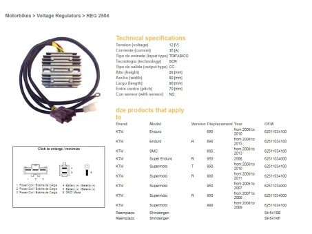 DZE REGULATOR NAPIĘCIA KTM 690 ENDURO/SMC 08-13, 950 SM/R 05-07, 990 SM/SMT 08-11 (OEM-62511034000) (SH541SB, SH541KF) | 2504-01