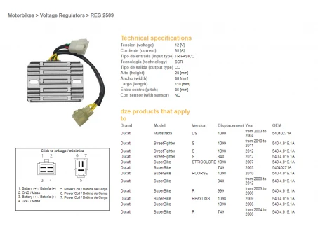 DZE REGULATOR NAPIĘCIA DUCATI DS 1000 MULTISTRADA 03-04, DUCATI 749/848/999/1098/1099/1198 (OEM-540.4.019.1A) (SH579EA) (ESR538) | 2509-01