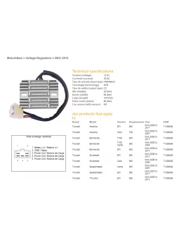 Regulator tensiune DZE TRIUMPH AMERICA 790/865 '02-'17, BONNEVILLE 865 '02-'17, SCRAMBLER/SPEEDMASTER 865 '02-'17, TT 600 '00-'03 (T1300889, T1300888) (ESR547)