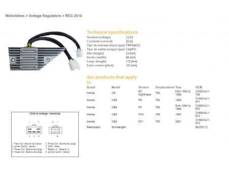 DZE REGULATOR NAPIĘCIA HONDA CBX750F 84-86, CB700SC NIGHTHAWK 84-86 (31600-MJ-671, 31600-MJ1-780) | 2514-01