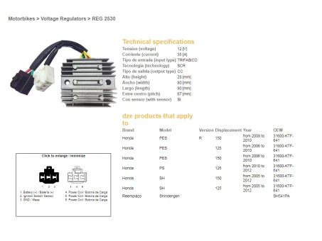 DZE REGULATOR NAPIĘCIA HONDA SH 125/150 05-12 (12V, 35A) (31600-KTF-641) (SH541PA) (ESR910) | 2530-01