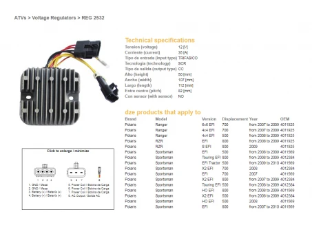 DZE REGULATOR NAPIĘCIA POLARIS SPORTSMAN EFI 500/700/800, RANGER EFI 500/700/800 (12V/35A) (4012384, 4011569, 4011925) (ESR826) | 2532-01