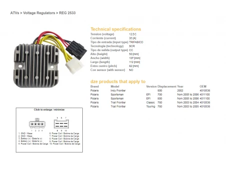 DZE REGULATOR NAPIĘCIA POLARIS SPORTSMAN EFI 700/800 05-06 (12V/35A) (4011100, 4010538) (ESR819) | 2533-01