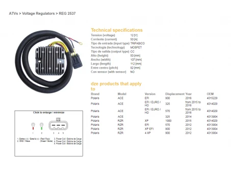 DZE REGULATOR NAPIĘCIA POLARIS ACE 325 EFI 14-16, 570 EFI 15-16, 900 16, RZR 570/900 12, RZR 1000 EFI 15, 12V 50A (MOSFET) (OEM 4013904, 4014029 (ESR827) | 2537-01
