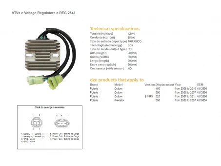 DZE REGULATOR NAPIĘCIA POLARIS PREDATOR 500 03-07, OUTLAW 400/500/525 06-11 12V 35A (OEM-4010654, 4012536) (ESR541) | 2541-01