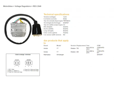 DZE REGULATOR NAPIĘCIA HONDA VT 750C SHADOW 10-18 (31600-MFE-641) 12V50A (MOSFET) | 2546-01