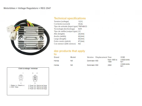 DZE REGULATOR NAPIĘCIA HONDA NX650 DOMINATOR 95-99, 02 (31600-MAN-621) (12V/35A) | 2547-01