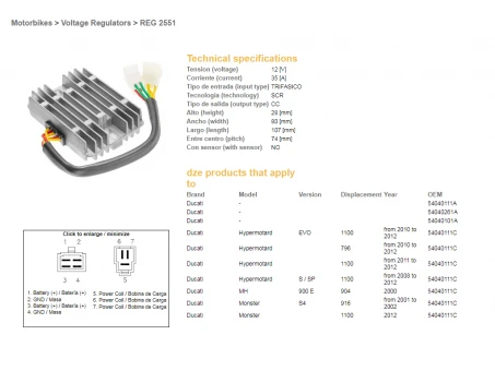 DZE REGULATOR NAPIĘCIA DUCATI 600/620/748/750/796/800/900/916/944/992/996/1000/1100 12V 35A (54040111C, SH579-B11) (ESR532) - ZASTĘPUJE 2354-01 | 2551-01
