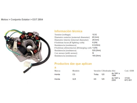DZE UZWOJENIE ALTERNATORA STATOR HONDA XLR125 97-00, CG125 91-98 (OEM-31120-KFC-901) | 2854-01
