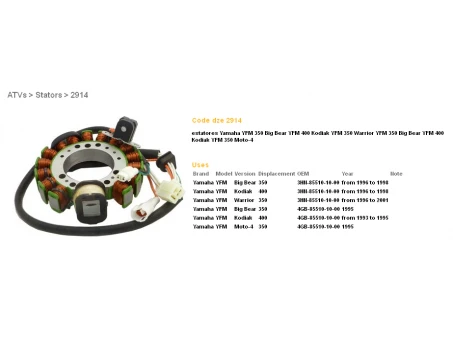 DZE UZWOJENIE ALTERNATORA STATOR YAMAHA YFM 350 BIG BEAR 95-98, WARRIOR 96-01, KODIAK 400 93-98 (ESG434) (OEM-3HN-8510-10-00, OEM-4GB-85510-1 | 2914-01