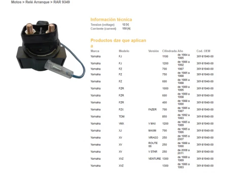 DZE PRZEKAŹNIK ROZRUSZNIKA YAMAHA FJ1100/1200, V-MAX1200, FZR600/1000, TDM850, FZ750 (36Y-81940-00) (150A) | 9349-01