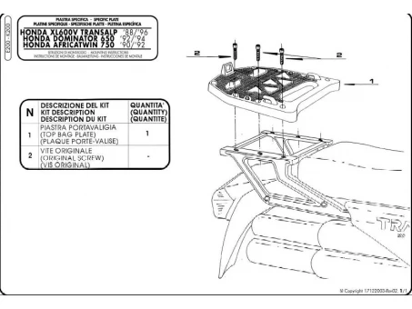 Suport pentru topcase KAPPA - HONDA XL 600RM/RL, XL 600V TRANSALP (88-96), NX 650 DOMINATOR (92-94) (cu placa MONOKEY) | K200