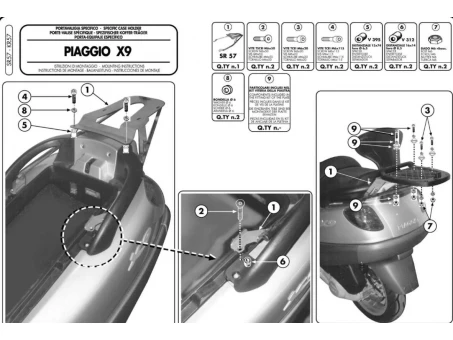 Suport pentru topcase KAPPA - PIAGGIO X9 125-180-250 (00-02), X9 200-250-500 Evolution (03-08), X9 500 (01-02) (placa nu este inclusa) | KR57