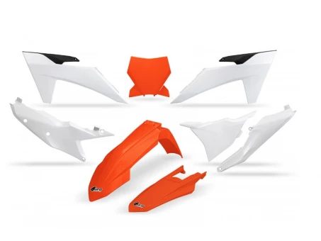 Kit complet plastice UFO KTM SX 125 / 250 / 300 TBI 23-24, SX-F 250 / 350 / 450 23-24 culoare OEM (Portocaliu/Alb) | KTKIT529999W