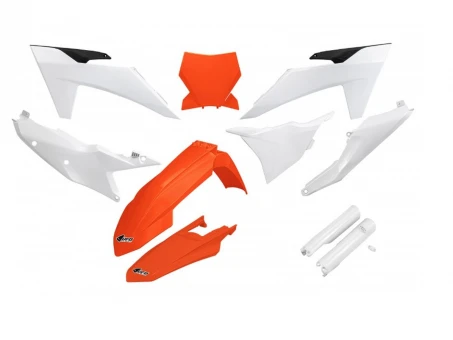 Kit complet plastice UFO (FULL KIT) KTM SX 125 / 250 / 300 TBI 23-24, SX-F 250 / 350 / 450 23-24 culoare OEM Alb Portocaliu | KTKIT529F999W