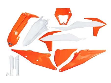 Kit complet plastice UFO (FULL KIT) KTM EXC 125 '20-'21, EXC 250 / 300 TPI '20-'23, EXC-F 250 / 350 / 450 / 500 '20-'23 culoare OEM '23 (Alb/Portocaliu)