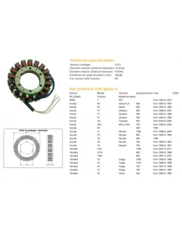 Stator alternator DZE STATOR YAMAHA FJR 1300 '01-11, TDM 850 '91-01, XV 750 '81-98, 1100 '86-99, SUZUKI VL 1500 '98-04, VS 600/700/750/800, HONDA VT 600 '88-07, XL 650V '00-06, XRV 750 '90-00 - ZASTĘPUJE 2887-01