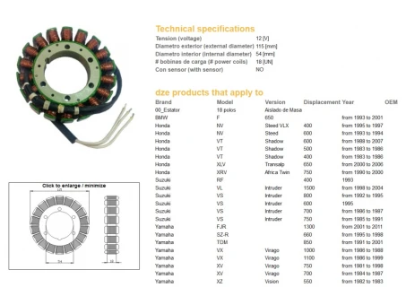 DZE UZWOJENIE ALTERNATORA STATOR YAMAHA FJR 1300 01-11, TDM 850 91-01, XV 750 81-98, 1100 86-99, SUZUKI VL 1500 98-04, VS 600/700/750/800, HONDA VT 600 88-07, XL 650V 00-06, XRV 750 90-00 - ZASTĘPUJE 2887-01 | 2890-01