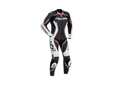 Costum (combinezon) motociclete femei piele Ixon vara model Vortex Lady LS: Negru/Alb/Fucshsia (roz)
