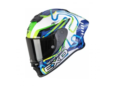 Cască integrală sport SCORPION EXO-R1 EVO II AIR CORNERING - Alb/Albastru/Verde | 111-537-387