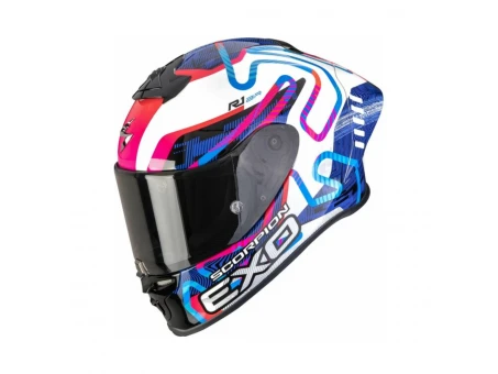 Cască integrală sport SCORPION EXO-R1 EVO II AIR CORNERING - Alb/Albastru/Roz | 111-537-388