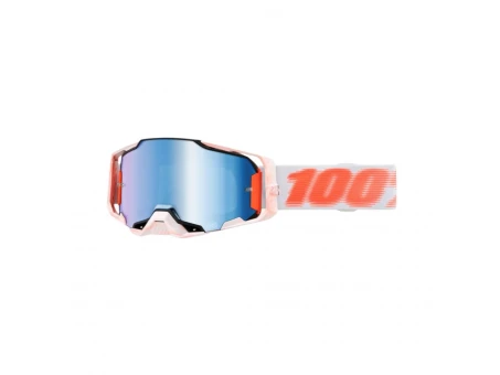 Ochelari Moto 100% Armega Tubular – Alb/Portocaliu cu Lentila Oglinda Albastra | 50005-00037