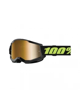 Ochelari Moto 100% Strata 2 Solar Eclipse - Negru/Galben Fluo cu Lentila Oglinda Aurie
