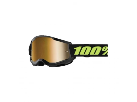 Ochelari Moto 100% Strata 2 Solar Eclipse - Negru/Galben Fluo cu Lentila Oglinda Aurie | 50028-00022