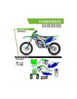 Kit grafic UFO KAWASAKI KXF 250 '21-'22; KXF 450 '19-'22 PATRIOT culoare OEM (Verde/Albastru)