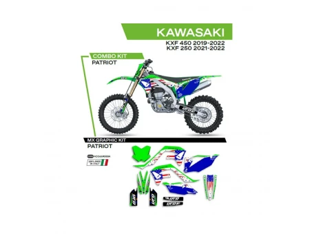 Kit grafic UFO KAWASAKI KXF 250 21-22; KXF 450 19-22 PATRIOT culoare OEM (Verde/Albastru) | AD044999A