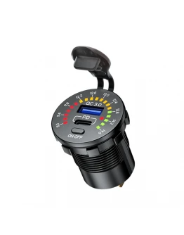 Priză Moto USB-C + USB-A QC3.0 cu Voltmetru BIKETEC PRO - incărcare rapidă PD 30W