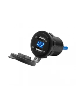 Priză Dublă pentru Motocicletă cu Iluminare și Volmetru Montaj pe Carena sau Ghidon BIKETEC