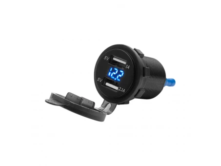 Priză Dublă pentru Motocicletă cu Iluminare și Volmetru Montaj pe Carena sau Ghidon BIKETEC | BTMUS10