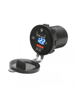 Priză dublă USB moto BIKETEC QC 3.0 + Type-C PD cu iluminare și voltmetru