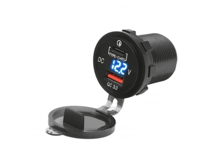 Priză dublă USB moto BIKETEC QC 3.0 + Type-C PD cu iluminare și voltmetru | BTMUS12
