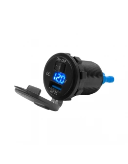 Priză USB moto BIKETEC cu încărcare rapidă QC 3.0, voltmetru și întrerupător