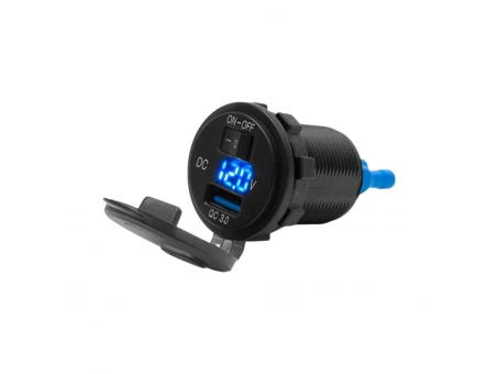 Priză USB moto BIKETEC cu încărcare rapidă QC 3.0, voltmetru și întrerupător | BTMUS13