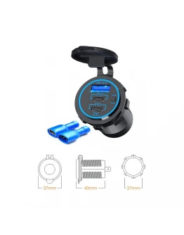 Priză triplă USB moto BIKETEC QC 3.0 x1 și PD x2 - 54W Power Delivery