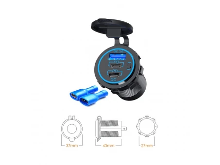 Priză triplă USB moto BIKETEC QC 3.0 x1 și PD x2 - 54W Power Delivery | BTMUS14