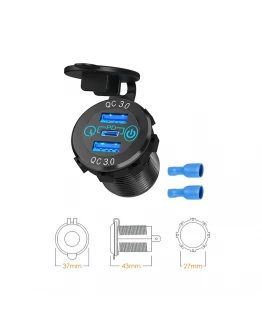 Priză triplă USB moto BIKETEC QC 3.0 x2 și PD x1 - 54W Power Delivery