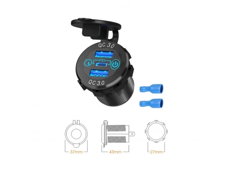 Priză triplă USB moto BIKETEC QC 3.0 x2 și PD x1 - 54W Power Delivery | BTMUS15