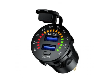 Priză dublă USB moto BIKETEC QC 3.0 - 36W cu voltmetru | BTMUS44