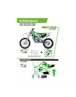 Kit complet plastice UFO KAKIT227047 include Stickere KAWASAKI KXF 250 '21-'22; KXF 450 '19-'22 (KA04738) si capace de amortizare (KA04701) STOKES culoare Alb